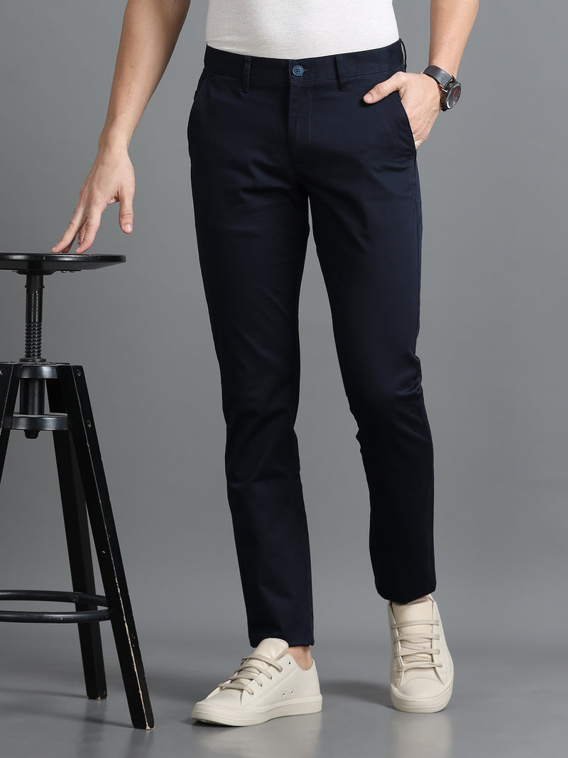 Men Navy Narrow Fit Solid Cotton Casual Trousers