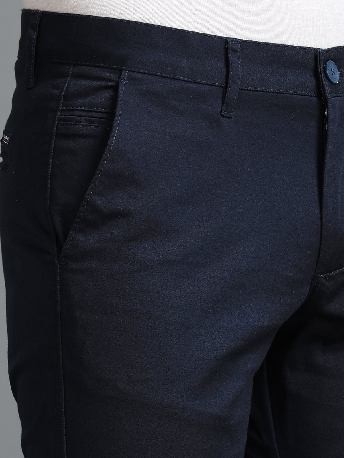 Men Navy Narrow Fit Solid Cotton Casual Trousers