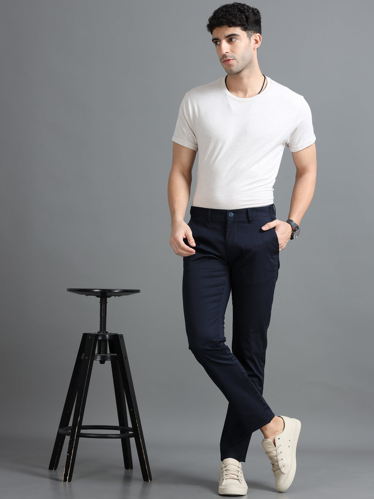 Men Navy Narrow Fit Solid Cotton Casual Trousers