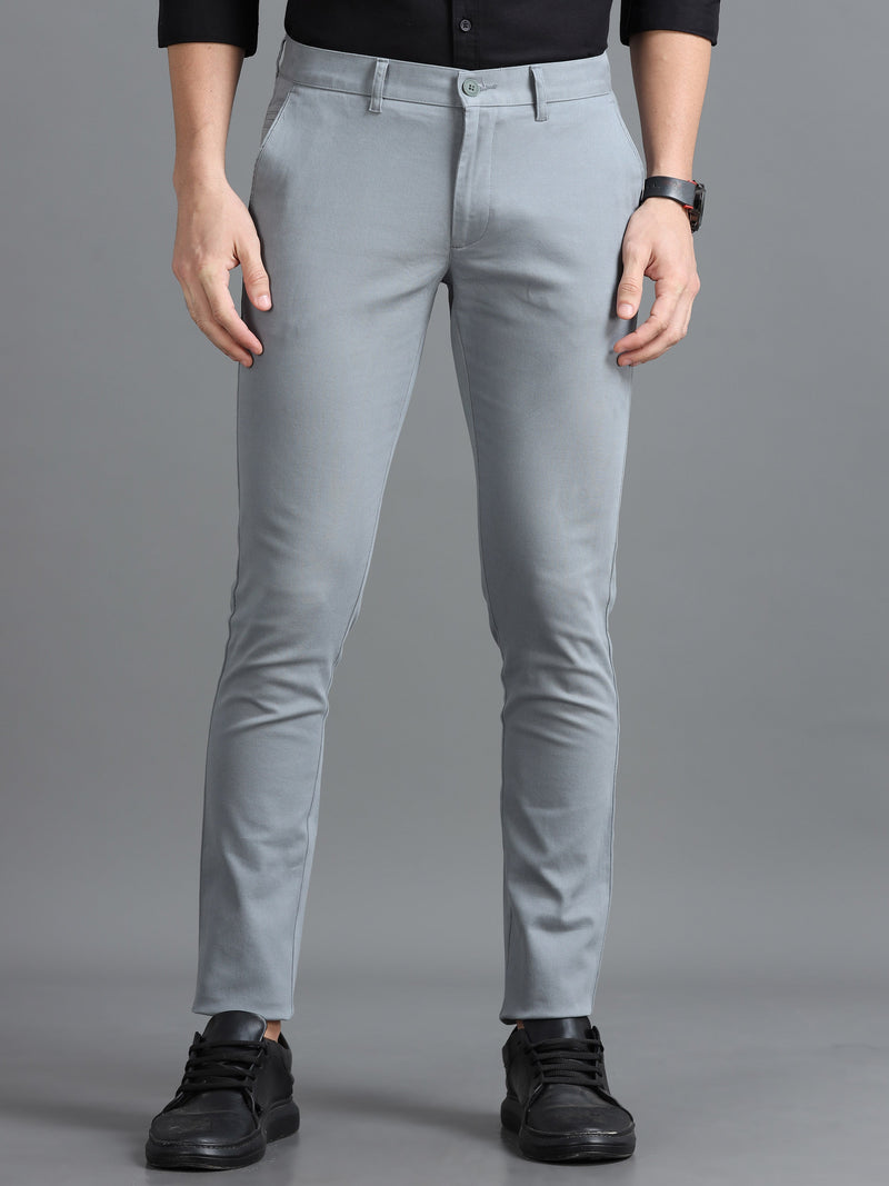 Men Light Grey Ankle Fit Dobby Cotton Casual Trousers