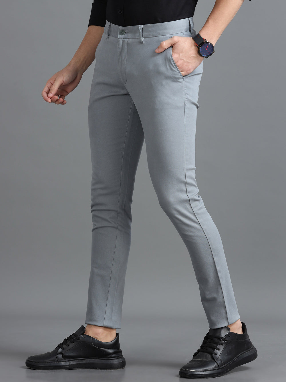 Men Light Grey Ankle Fit Dobby Cotton Casual Trousers