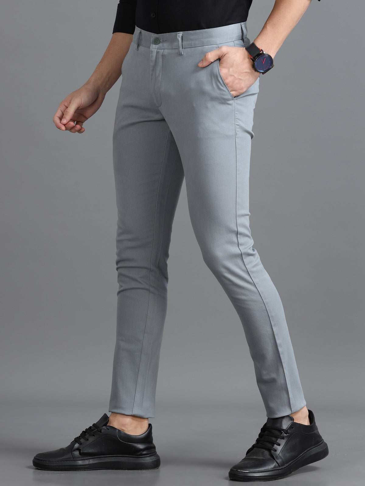 Men Light Grey Ankle Fit Dobby Cotton Casual Trousers