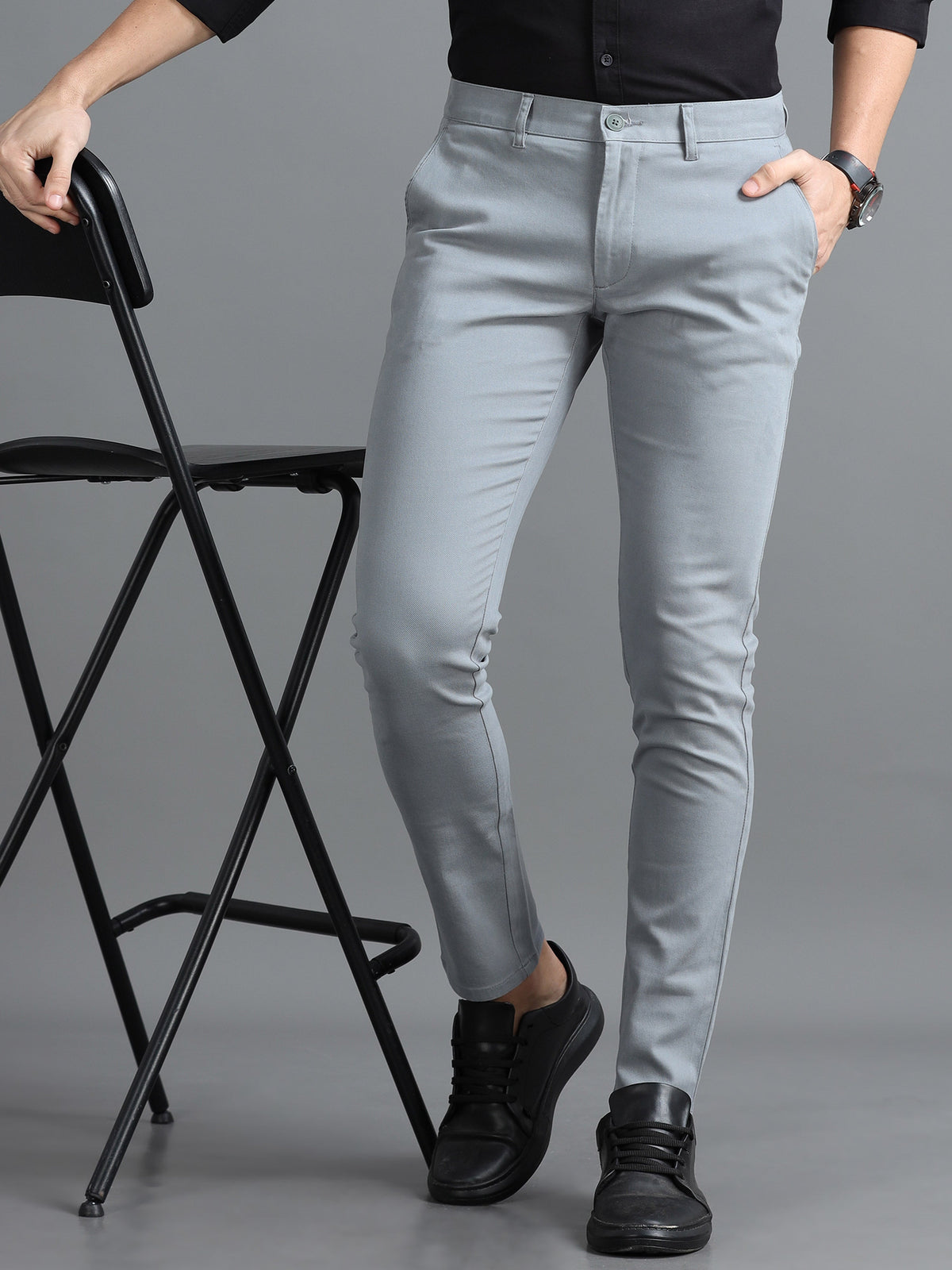 Men Light Grey Ankle Fit Dobby Cotton Casual Trousers