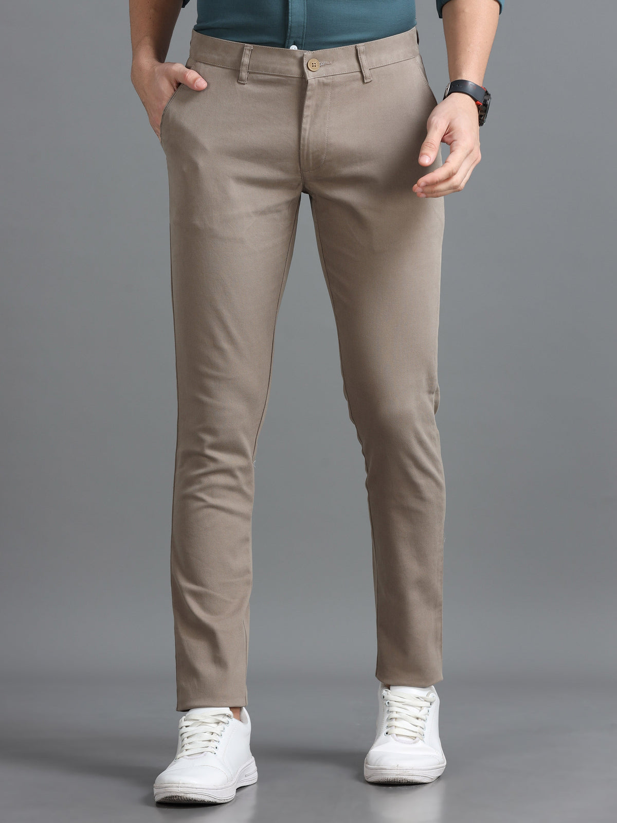 Men Beige Ankle Fit Dobby Cotton Casual Trousers