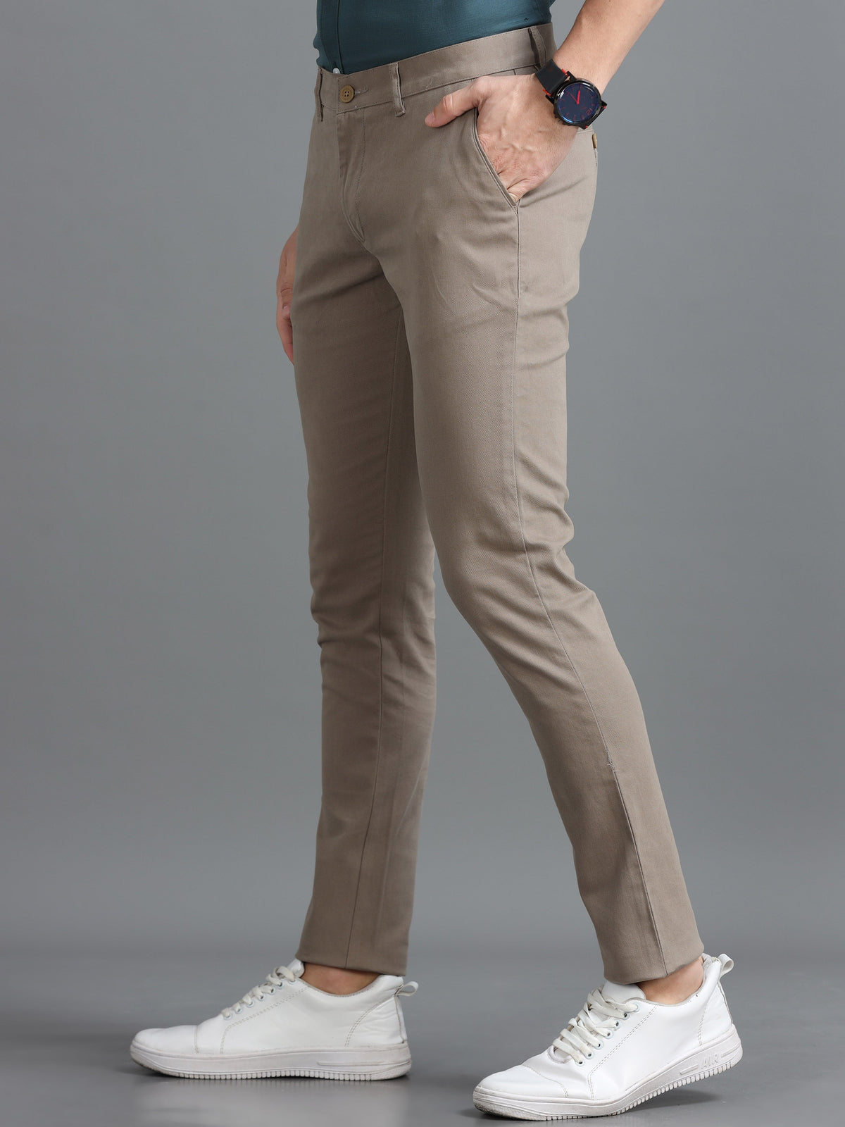 Men Beige Ankle Fit Dobby Cotton Casual Trousers