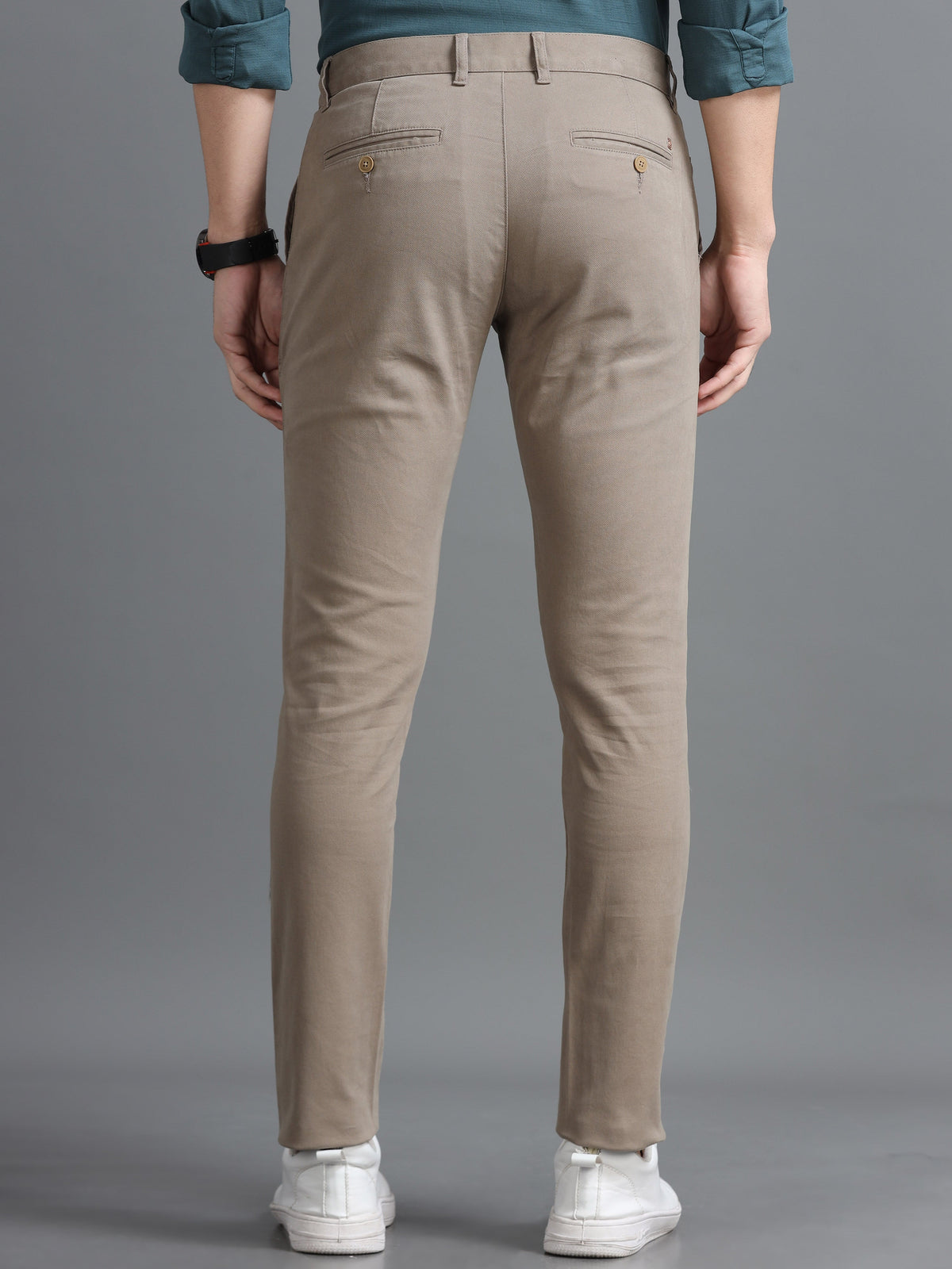 Men Beige Ankle Fit Dobby Cotton Casual Trousers