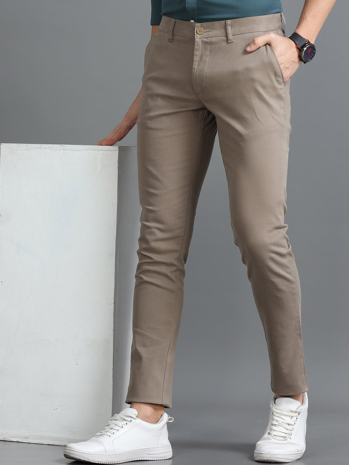 Men Beige Ankle Fit Dobby Cotton Casual Trousers