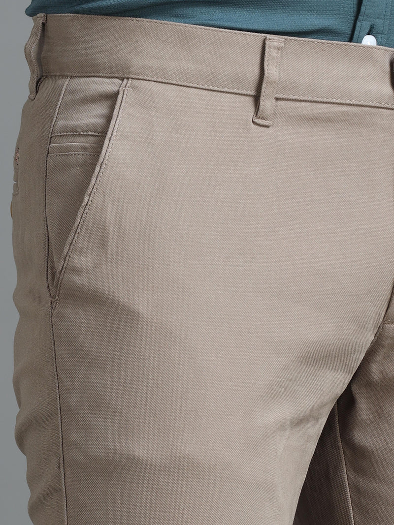 Men Beige Ankle Fit Dobby Cotton Casual Trousers