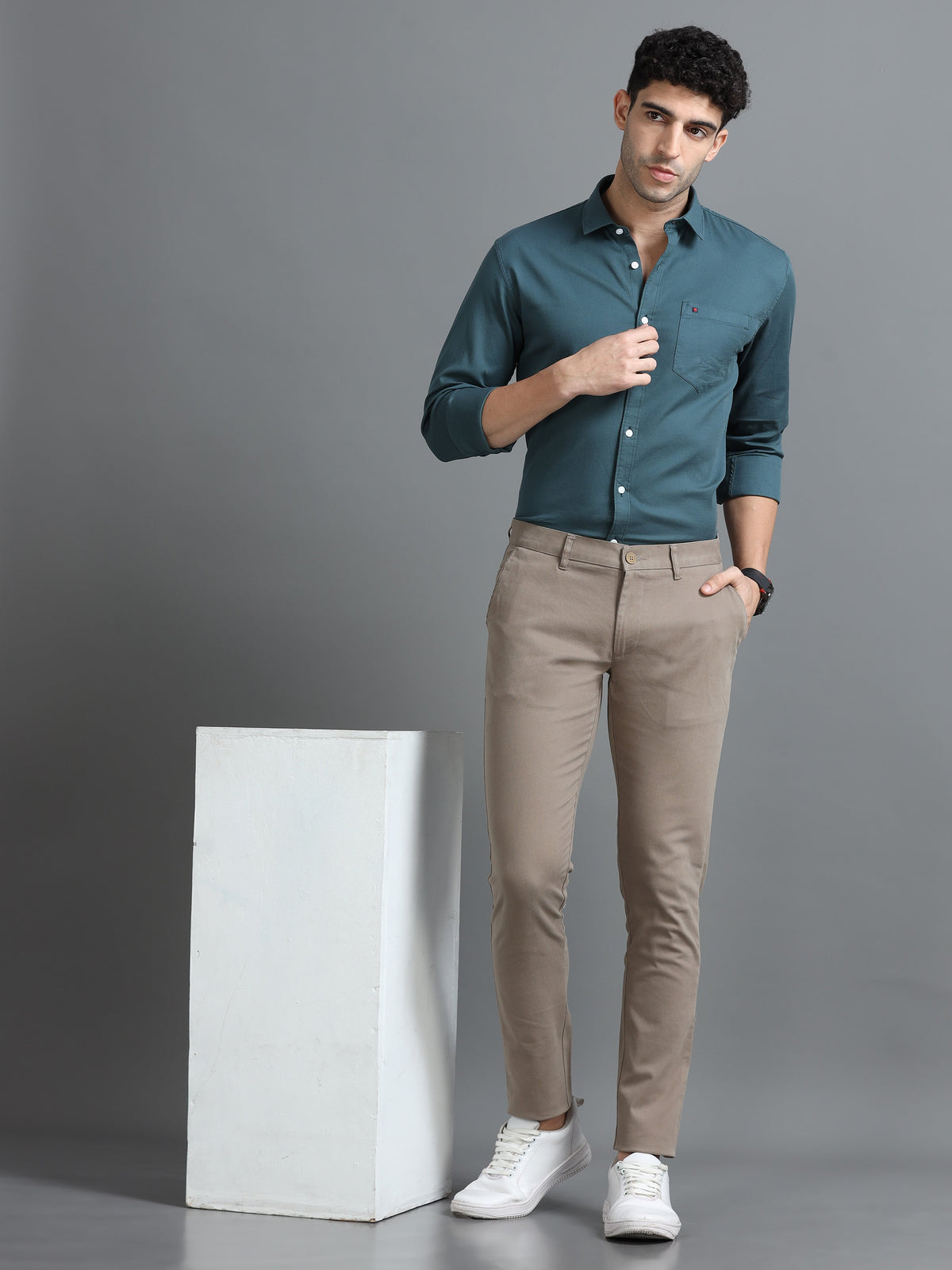 Men Beige Ankle Fit Dobby Cotton Casual Trousers