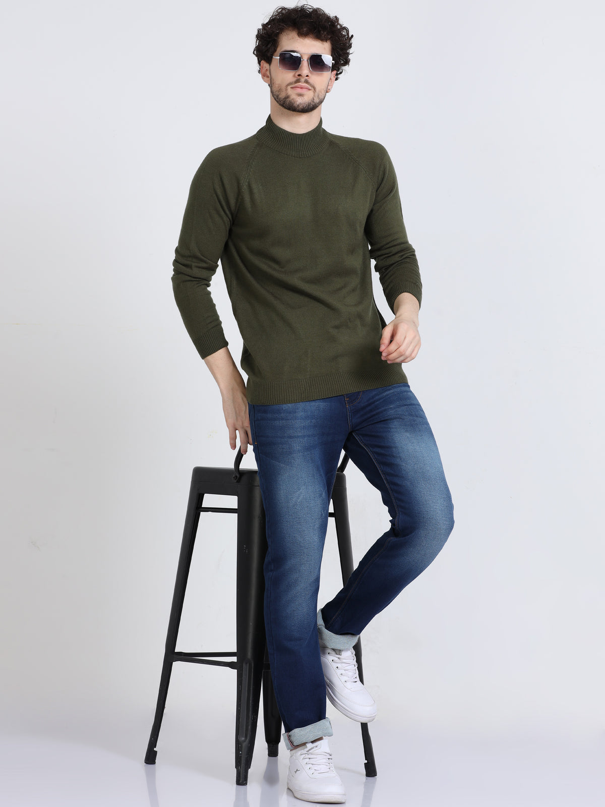 Shop Men's Green High Neck Full Sleeves Sweater Online.