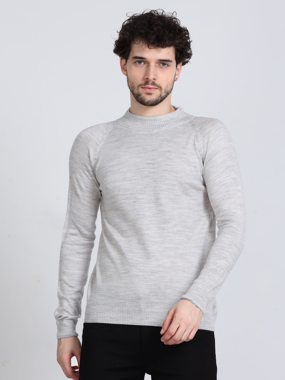 Shop Men's White Grey Melenge High Neck Sweater Online.