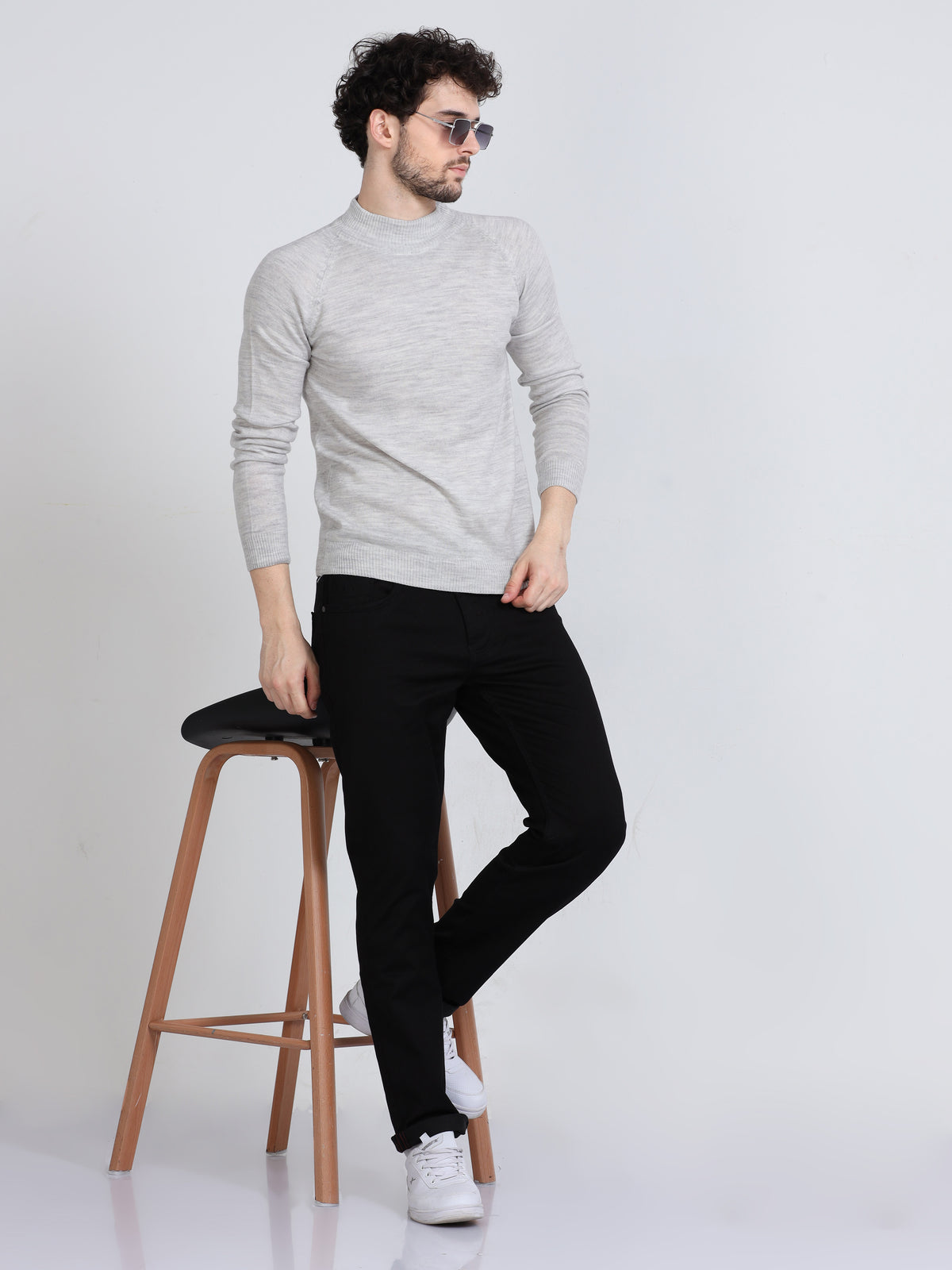 Shop Men's White Grey Melenge High Neck Sweater Online.