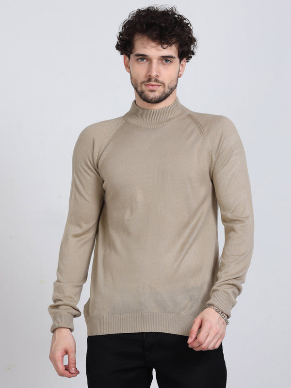 Men's Beige Regular Fit Solid Full Sleeve High Neck Sweater