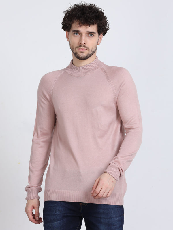 Men's Light Pink Regular Fit Solid Full Sleeve High Neck Sweater