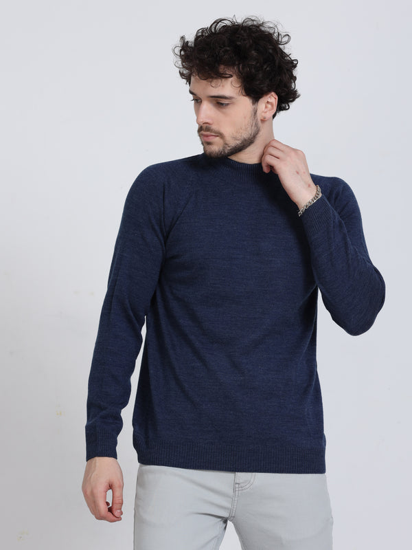 Men's Blue Regular Fit Solid Full Sleeve High Neck Sweater