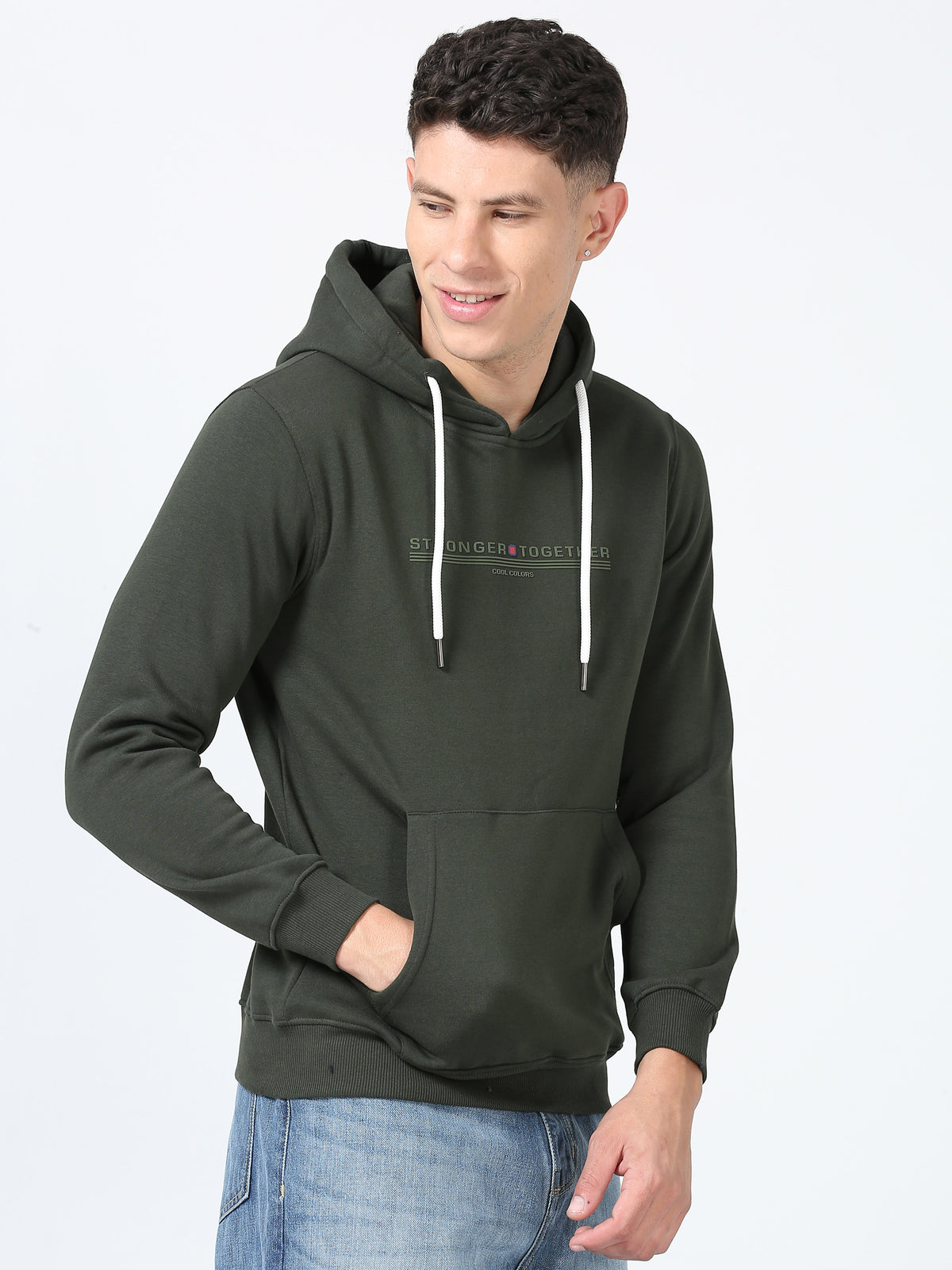 Shop Men's Olive Printed Hoodie Full Sleeves Regular Fit Casual Sweatshirt Online.