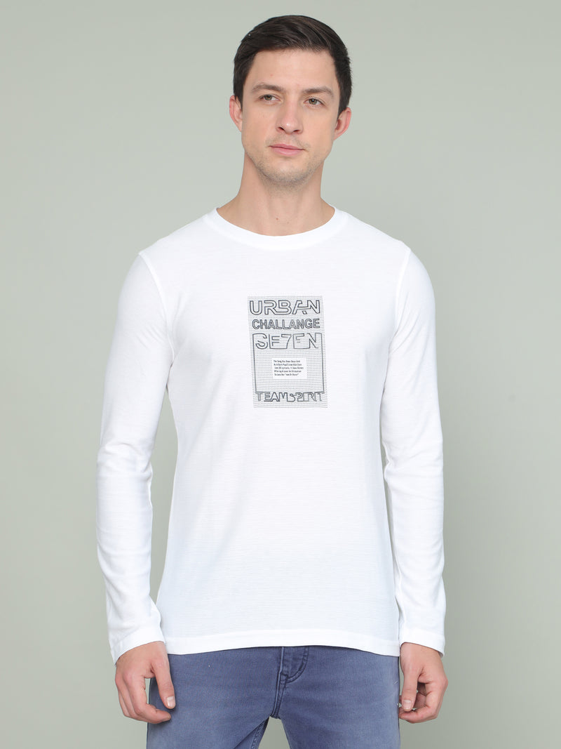 Shop Men's White Printed Regular Fit Full Sleeves Crew Neck T-Shirt Online.