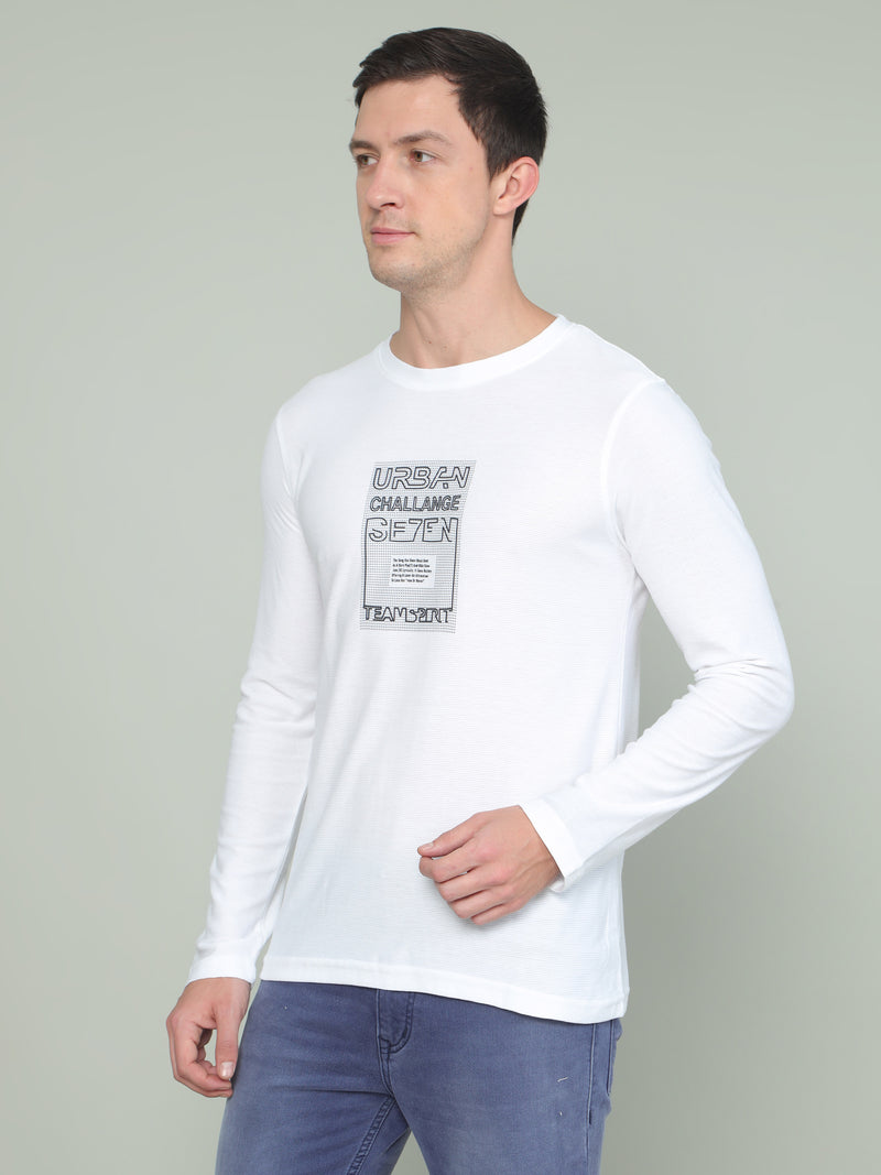 Shop Men's White Printed Regular Fit Full Sleeves Crew Neck T-Shirt Online.