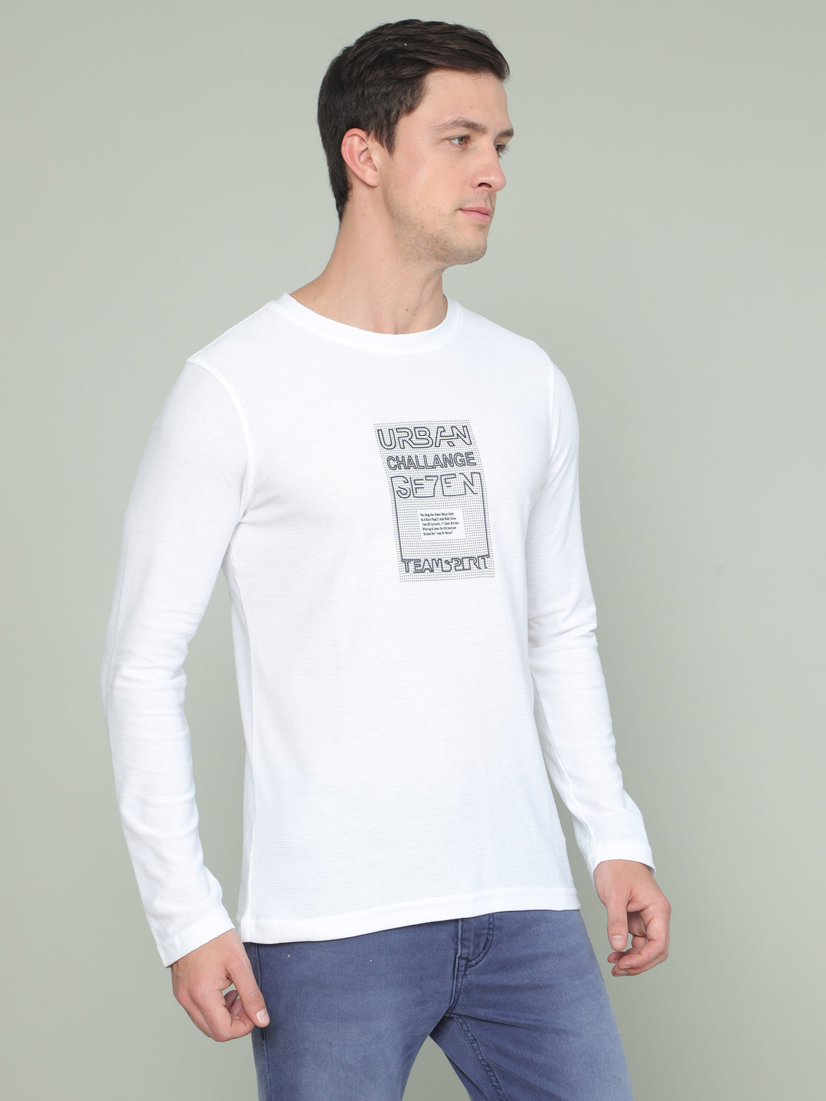 Shop Men's White Printed Regular Fit Full Sleeves Crew Neck T-Shirt Online.