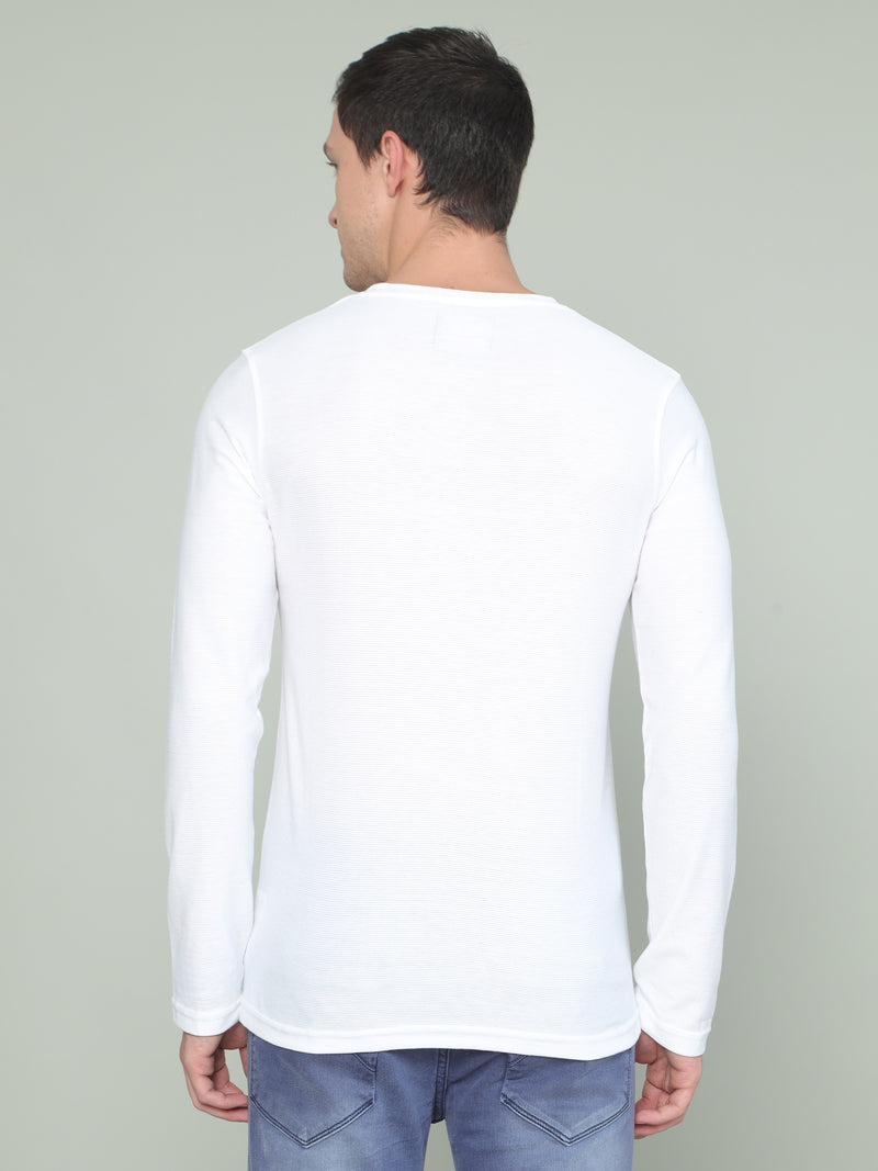 Shop Men's White Printed Regular Fit Full Sleeves Crew Neck T-Shirt Online.