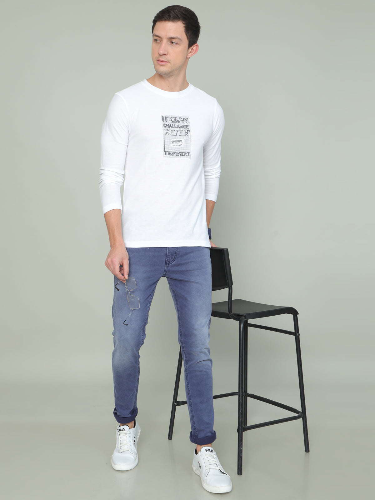 Shop Men's White Printed Regular Fit Full Sleeves Crew Neck T-Shirt Online.