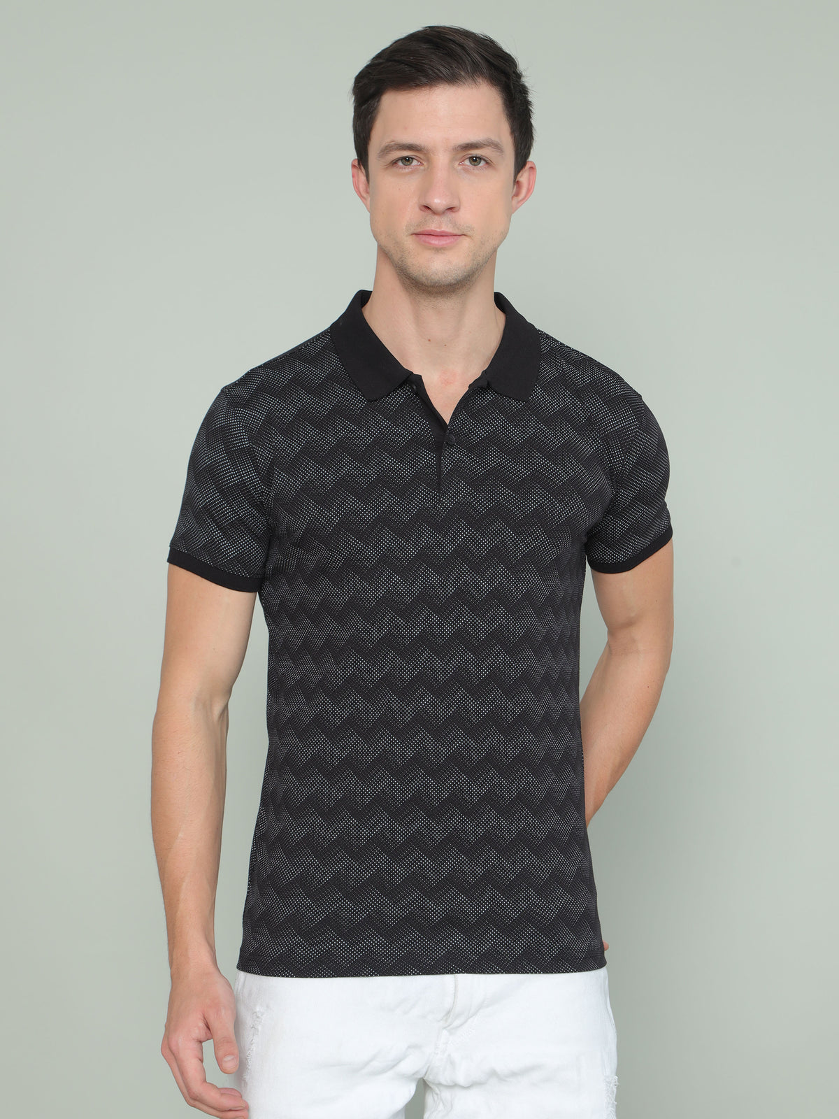 Shop Navy Printed Polo T-shirt Online.