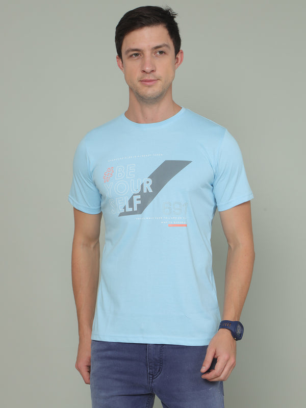 Men's Sky Blue Regular Fit Printed Crew Neck Half Sleeves T-Shirt