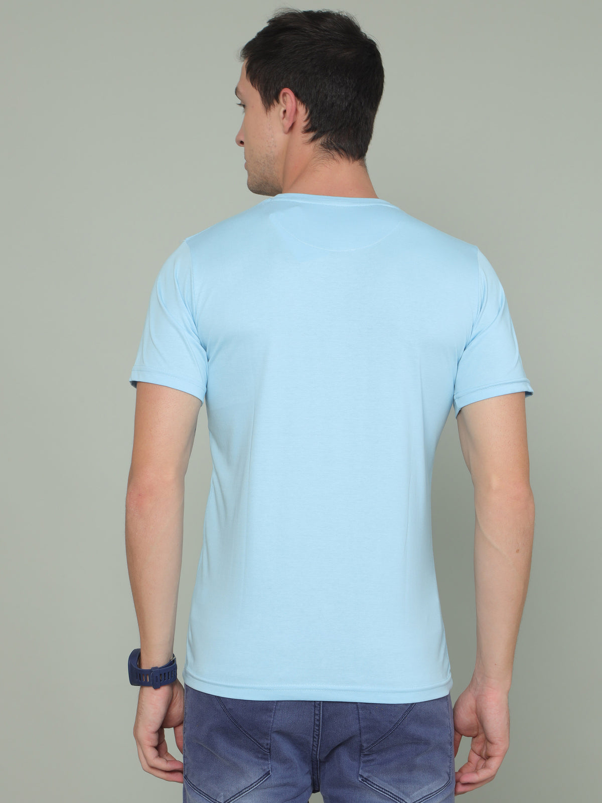 Shop Men's Blue Printed Crew Neck Half Sleeves T-Shirt Online.