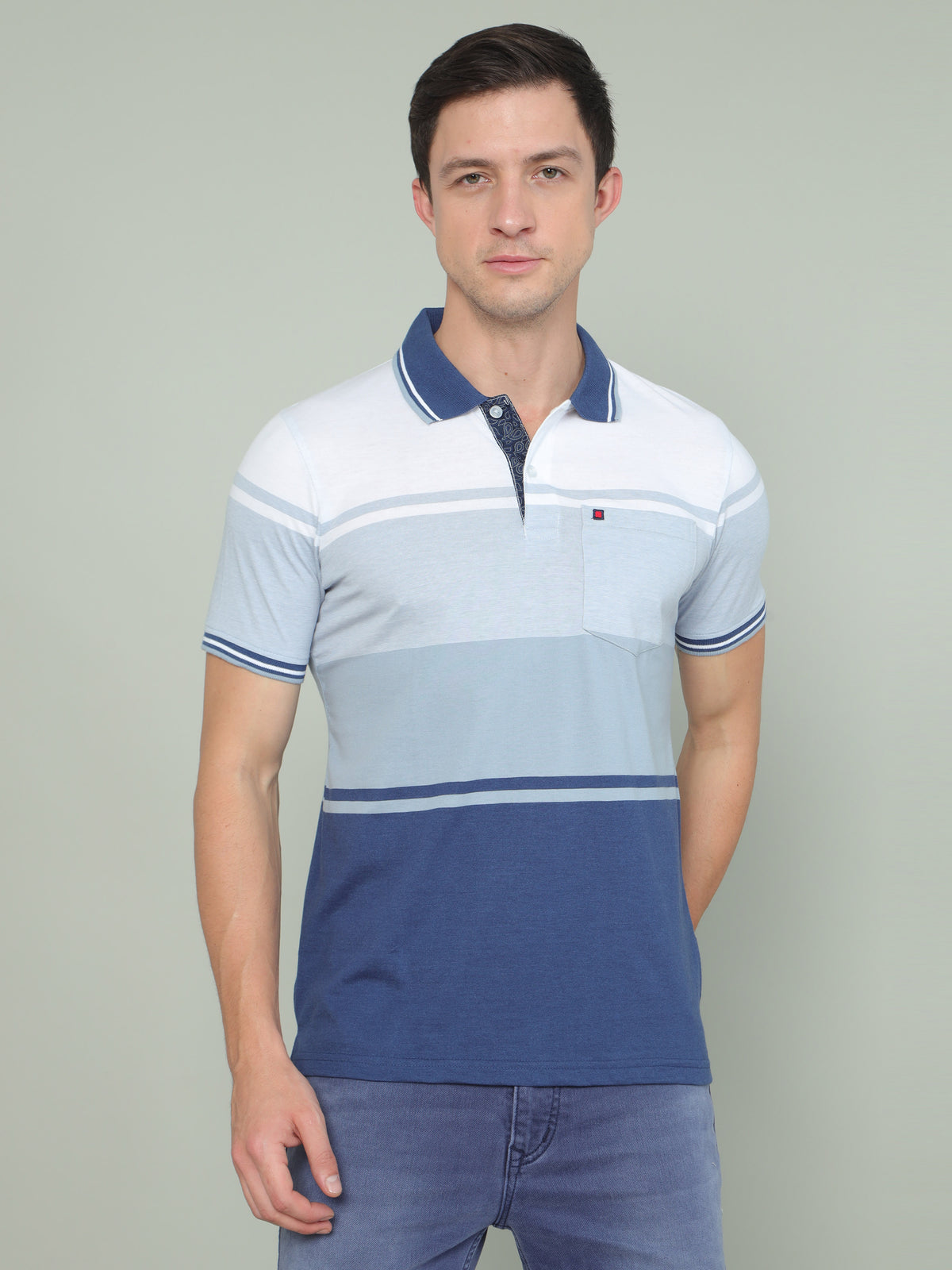 Shop Men's Blue and White Stripes Half Sleeves Polo Neck T-Shirts Online.