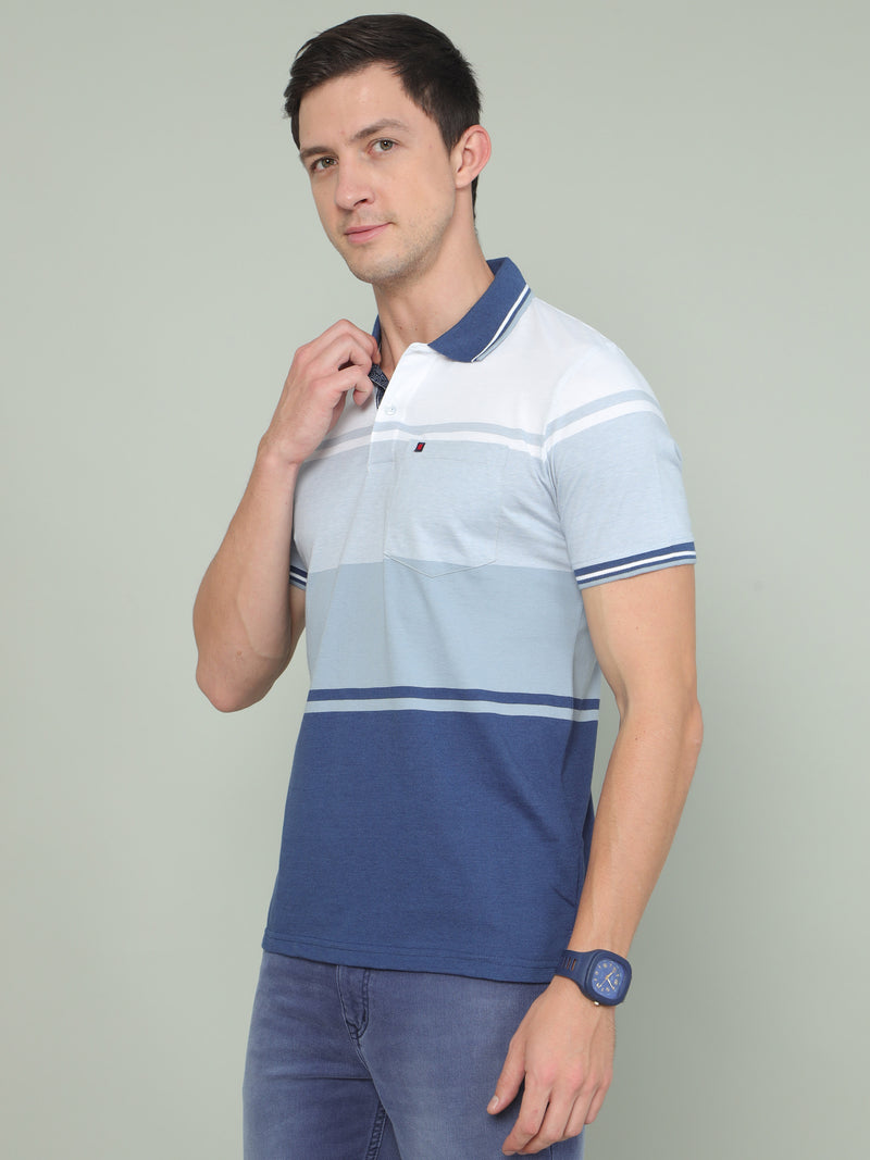 Shop Men's Blue and White Stripes Half Sleeves Polo Neck T-Shirts Online.