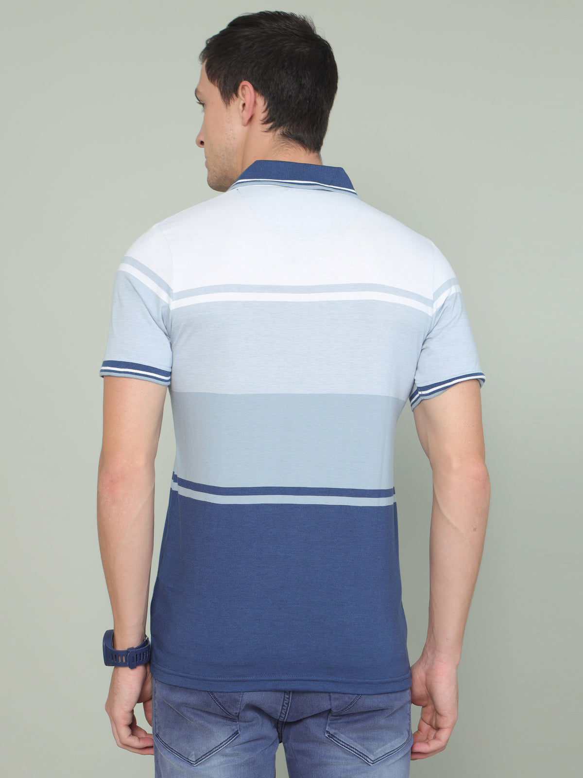 Shop Men's Blue and White Stripes Half Sleeves Polo Neck T-Shirts Online.