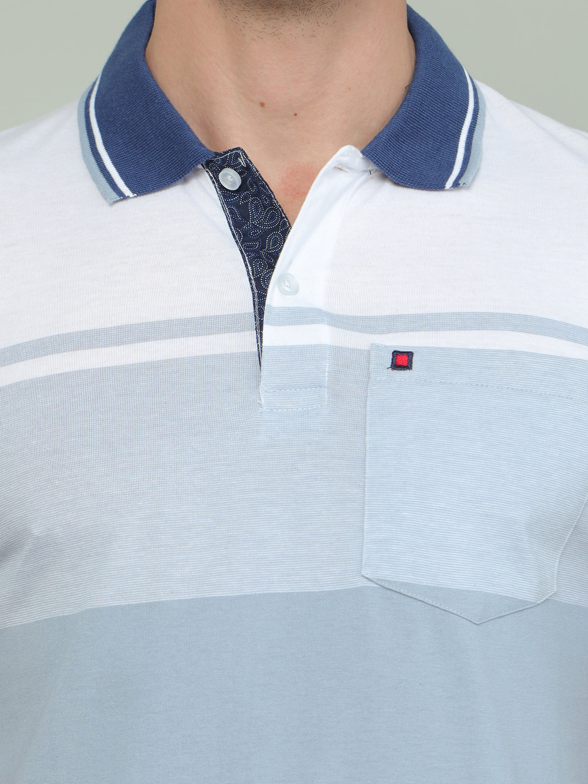 Men's Blue White Regular Fit Stripes Half Sleeves Polo Neck T-Shirts
