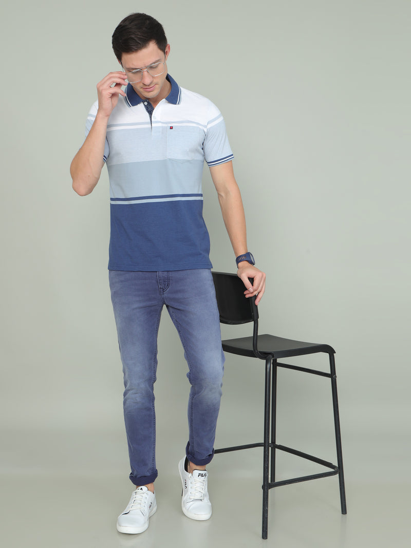 Shop Men's Blue and White Stripes Half Sleeves Polo Neck T-Shirts Online.