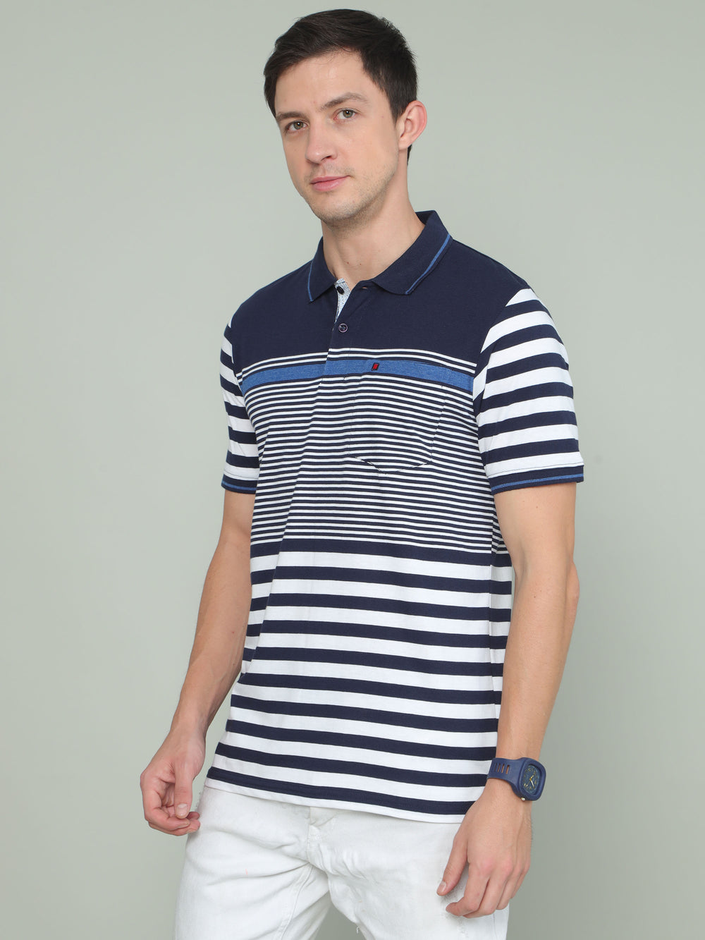 Men's Blue White Regular Fit Stripes Half Sleeves Polo Neck T-Shirts