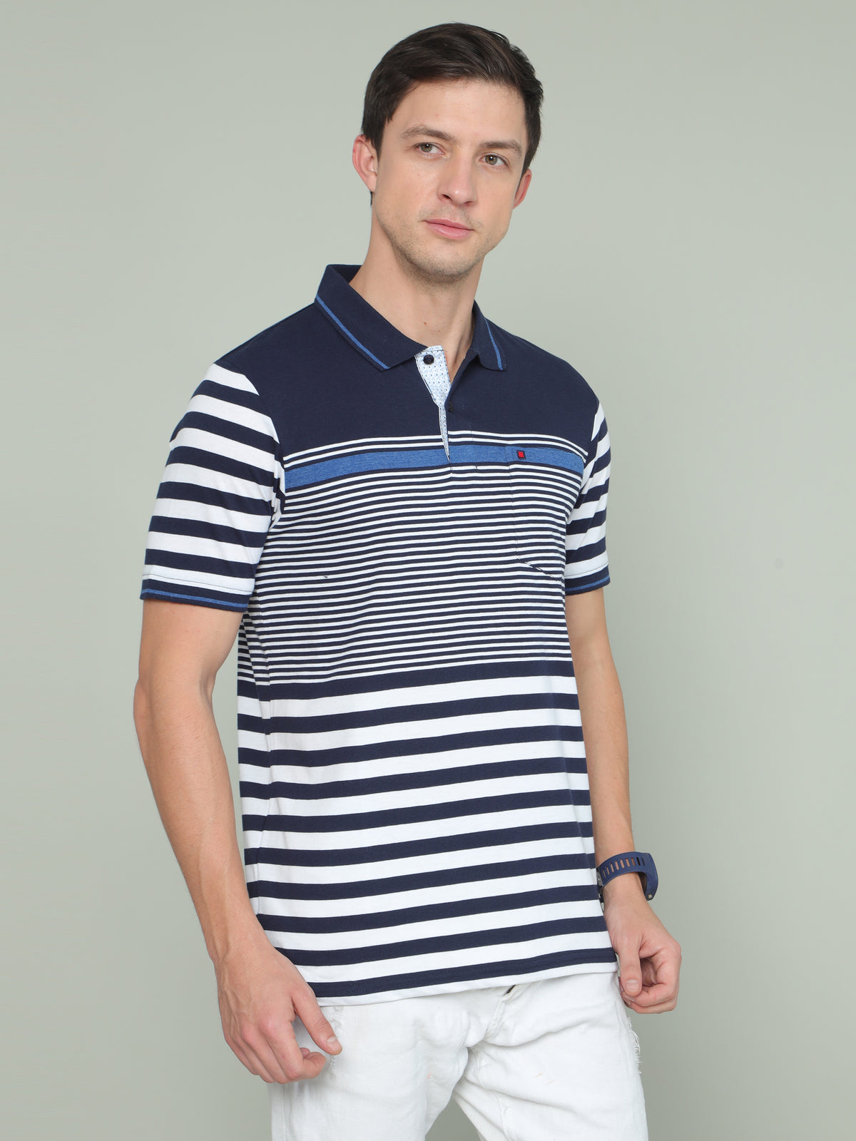 Men's Blue White Regular Fit Stripes Half Sleeves Polo Neck T-Shirts