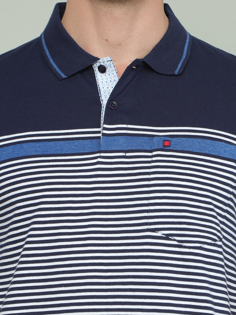 Shop Men's Blue & White Colors Stripes Half Sleeves Polo Neck T-Shirts Online.