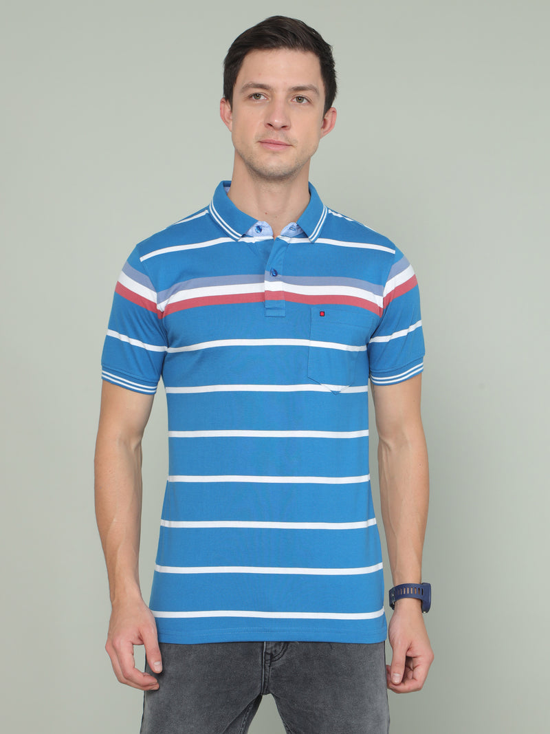 Shop Men's Blue Stripe Regular Fit Half Sleeves Polo Neck T-Shirt Online.