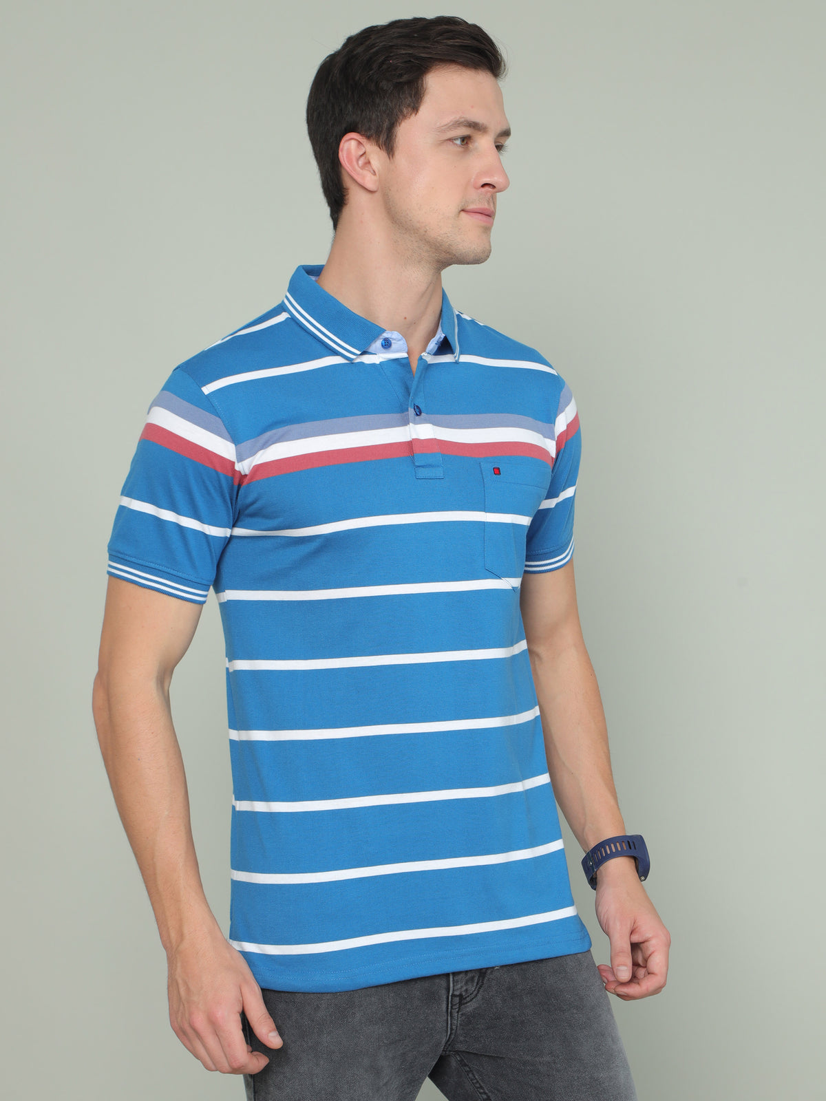 Shop Men's Blue Stripe Regular Fit Half Sleeves Polo Neck T-Shirt Online.