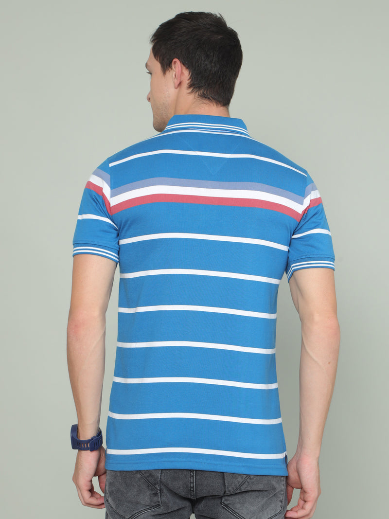 Shop Men's Blue Stripe Regular Fit Half Sleeves Polo Neck T-Shirt Online.