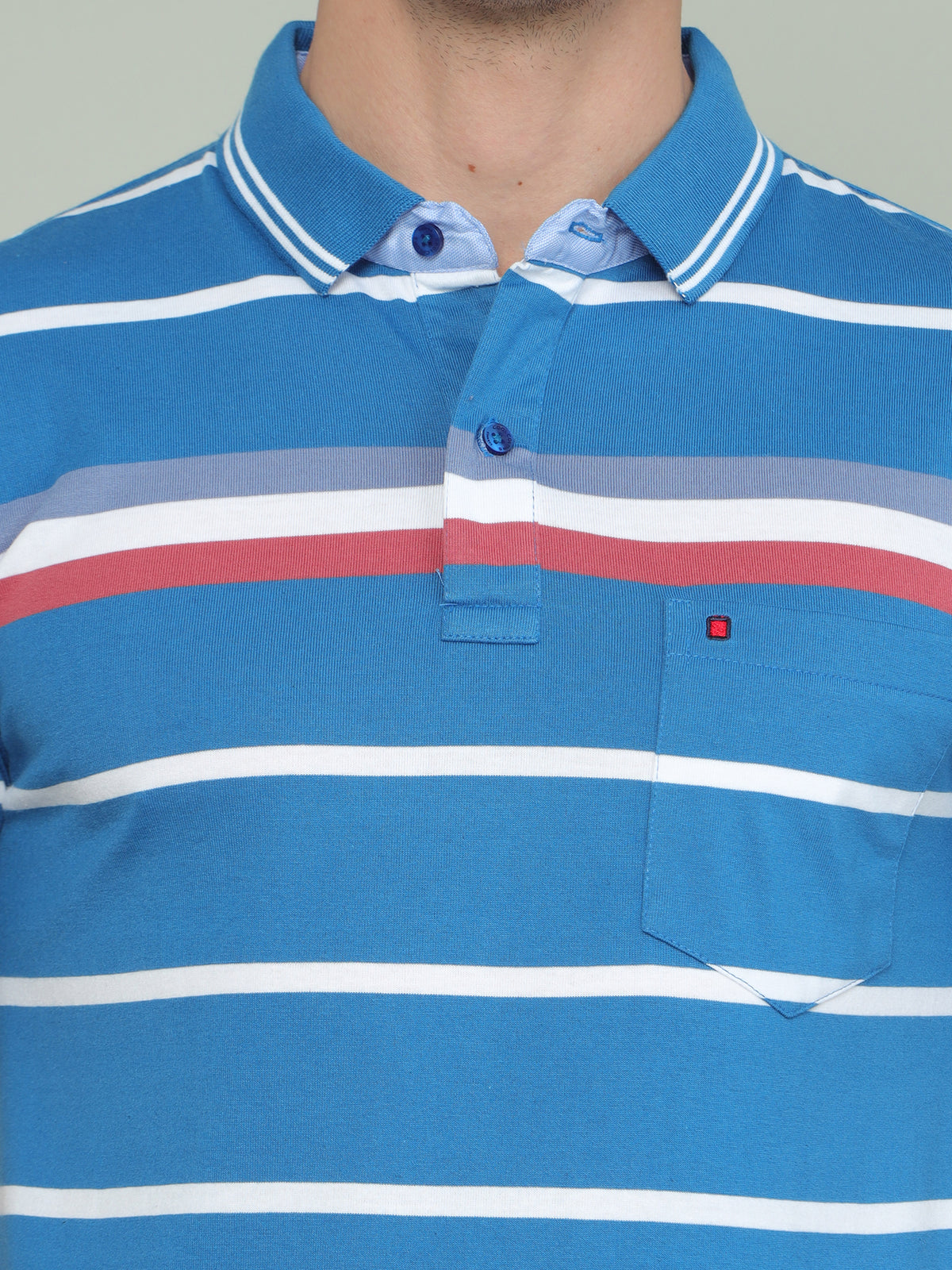 Men's Blue Regular Fit Stripe Half Sleeves Polo Neck T-Shirt