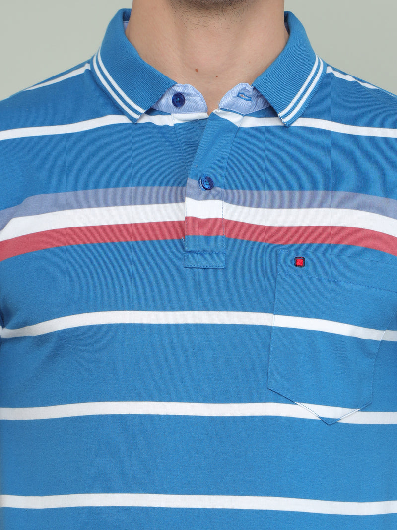 Shop Men's Blue Stripe Regular Fit Half Sleeves Polo Neck T-Shirt Online.