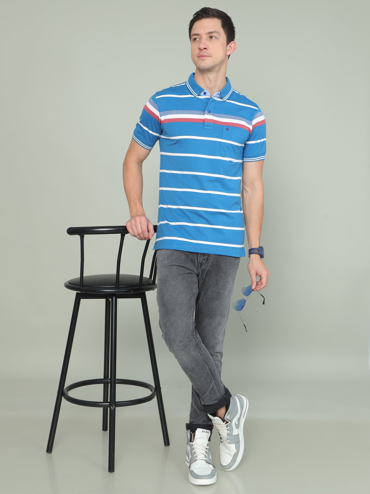 Shop Men's Blue Stripe Regular Fit Half Sleeves Polo Neck T-Shirt Online.