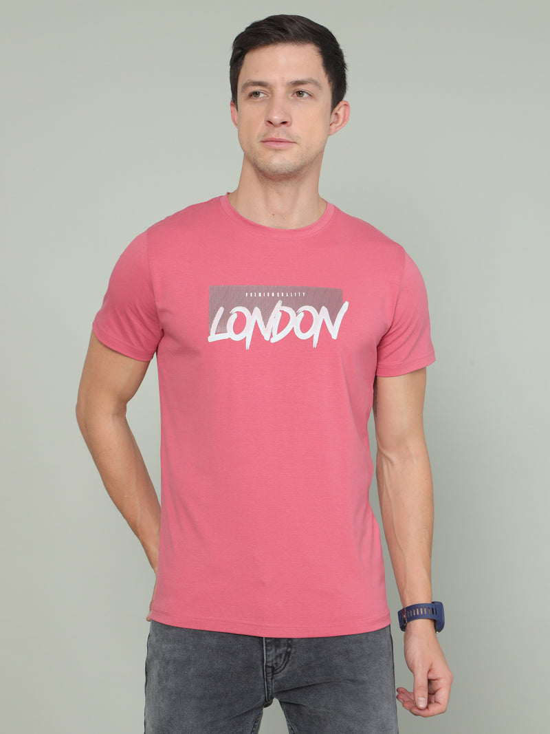 Shop Men's Pink Printed Regular Fit Half Sleeves Crew Neck T-Shirt Online.