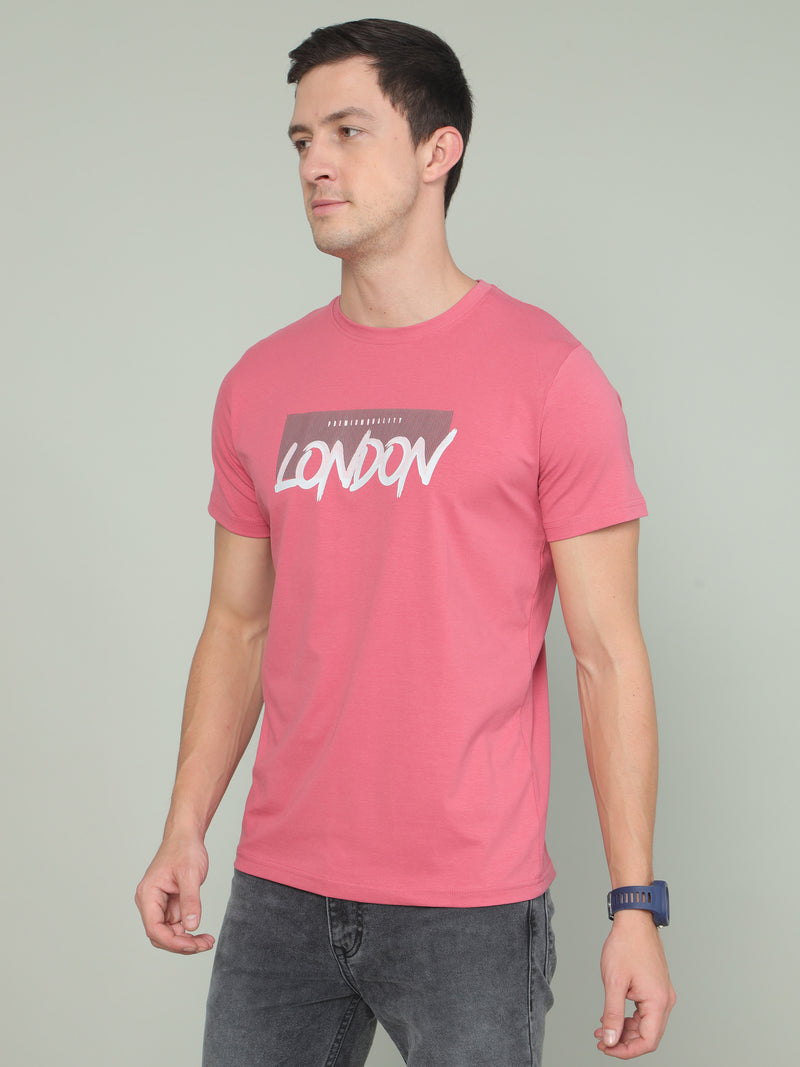 Shop Men's Pink Printed Regular Fit Half Sleeves Crew Neck T-Shirt Online.