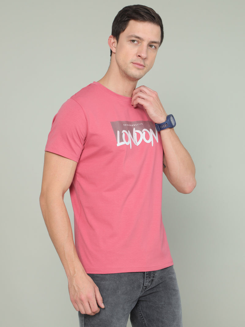 Shop Men's Pink Printed Regular Fit Half Sleeves Crew Neck T-Shirt Online.