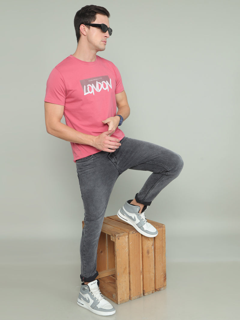 Shop Men's Pink Printed Regular Fit Half Sleeves Crew Neck T-Shirt Online.