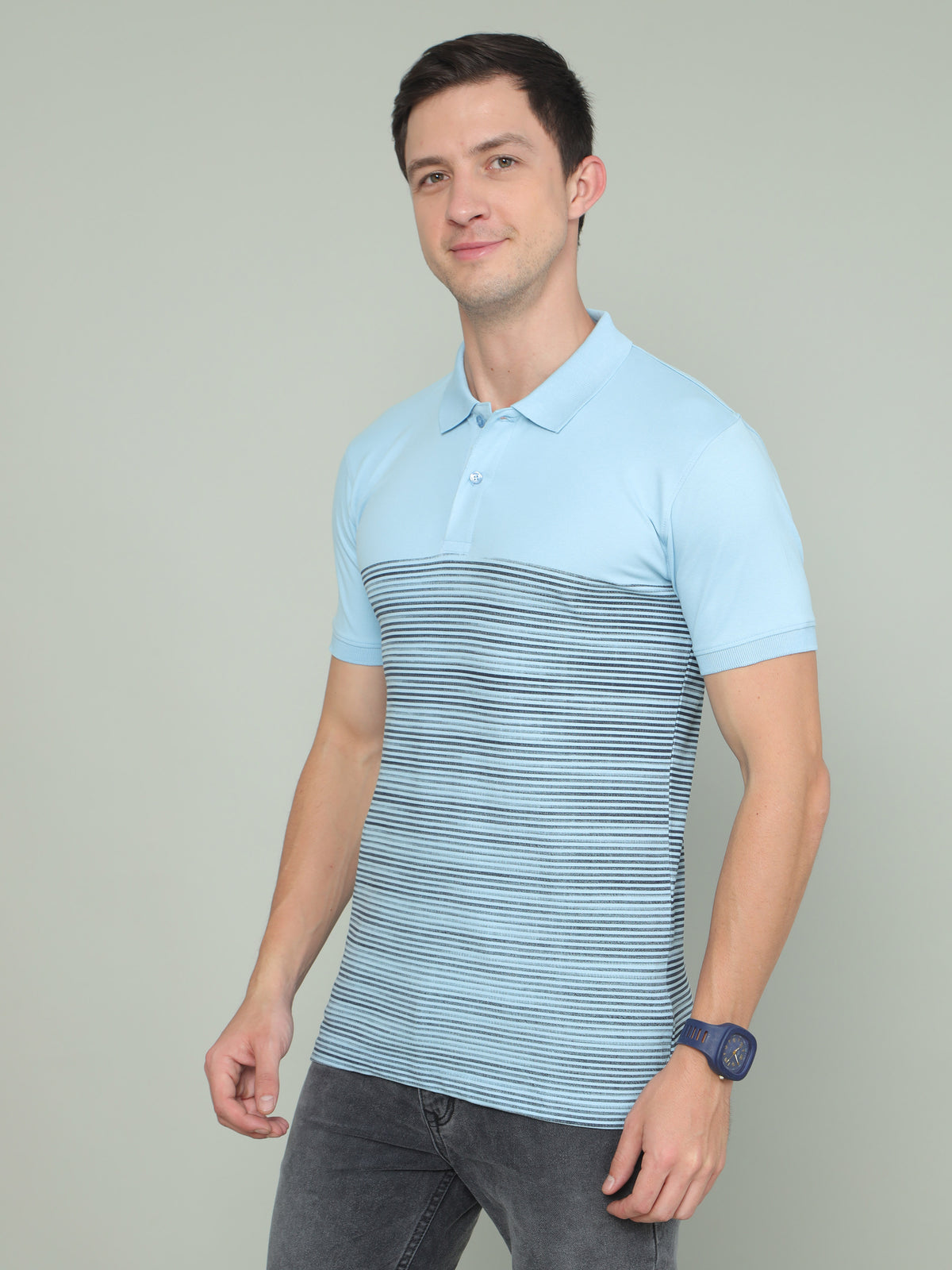 Shop Men's Blue Stripes Half Sleeves Polo Neck T-Shirts Online.