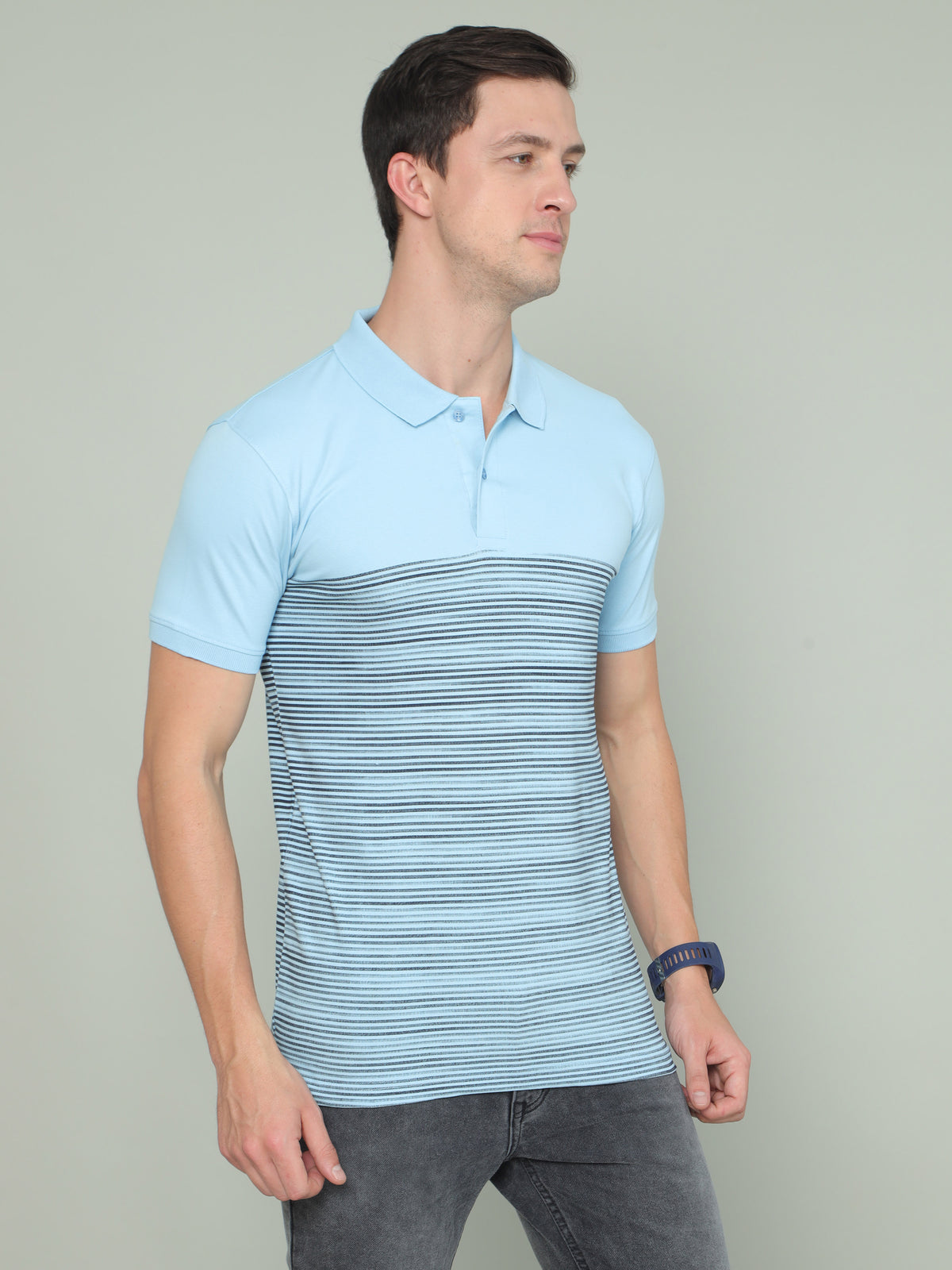 Shop Men's Blue Stripes Half Sleeves Polo Neck T-Shirts Online.