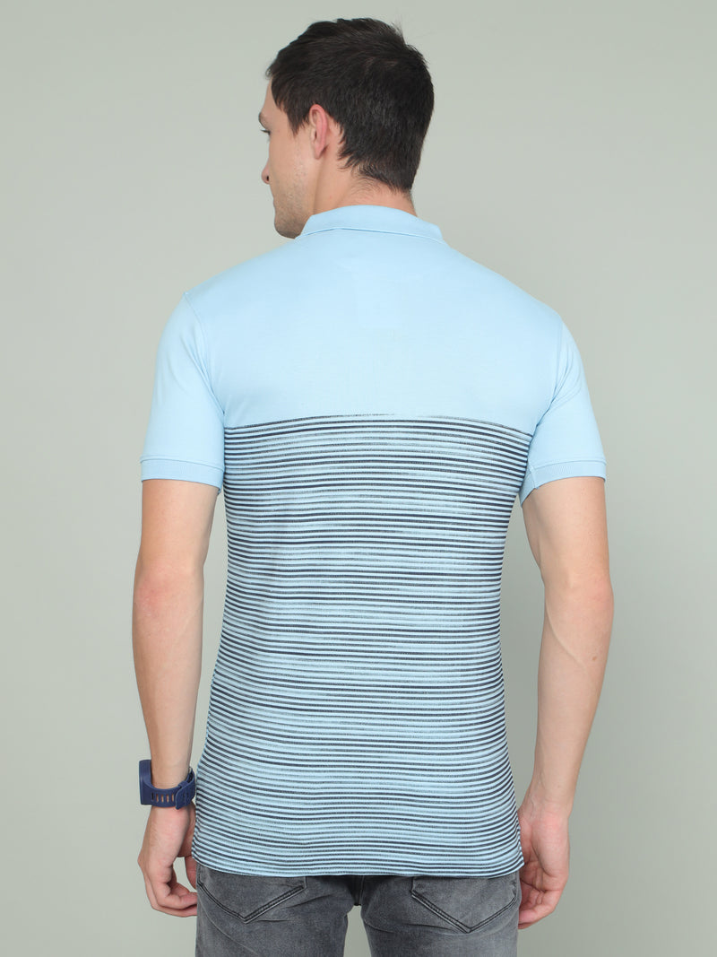 Shop Men's Blue Stripes Half Sleeves Polo Neck T-Shirts Online.