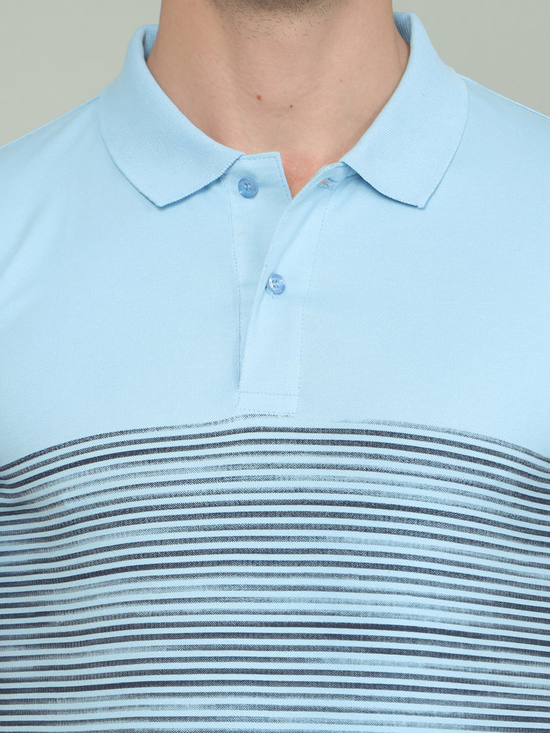 Shop Men's Blue Stripes Half Sleeves Polo Neck T-Shirts Online.